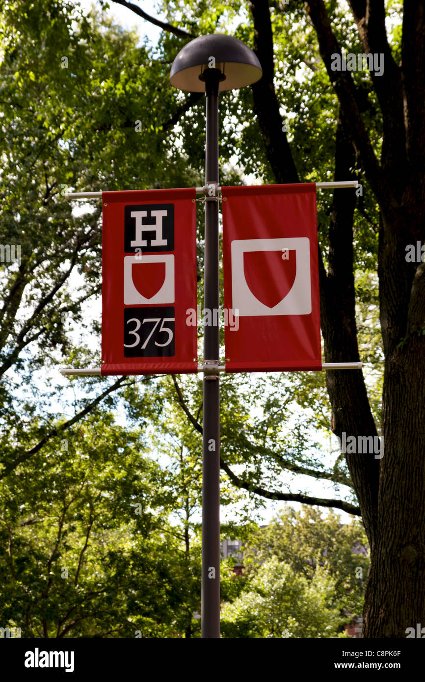 Ein festliches Banner zum 375-Jahr-Jubiläum der Harvard Universität in Harvard Yard. Stockfoto