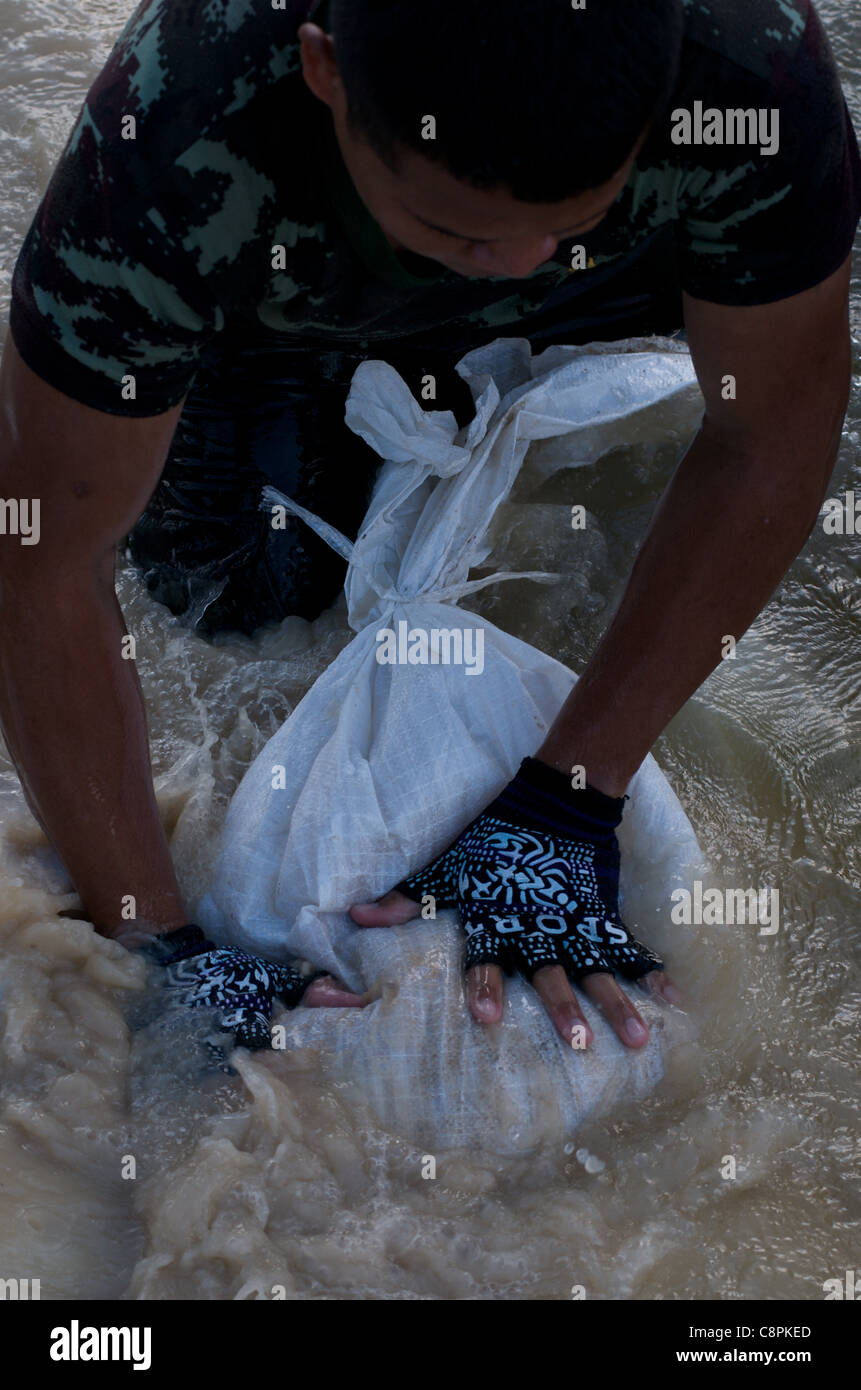 Thailändische Armee Sandsäcke wegen Verletzung in Hochwassermauer bei überquellenden Phra Kanong Canal, Sukhumvit Road, Soi 50, Bangkok, Thailand am 30. Oktober 2011. Thailand erlebt den schlimmsten Überschwemmungen seit mehr als 50 Jahren. Bildnachweis: Kraig Lieb / Alamy Live News Stockfoto