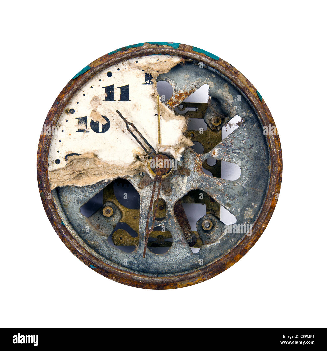 Grunge und kaputte Uhr Zifferblatt isoliert auf weiss Stockfotografie -  Alamy