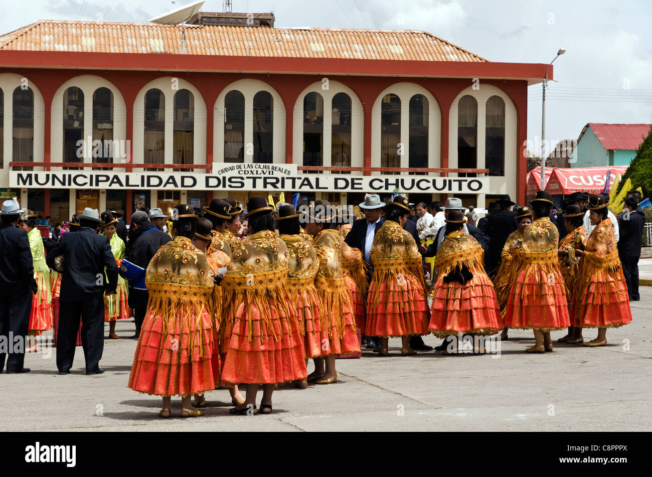 Traditionelle peruanische Tänzer bei der Fiesta de Nuestra Señora del Rosario in Chucuito Puno, Peru Stockfoto