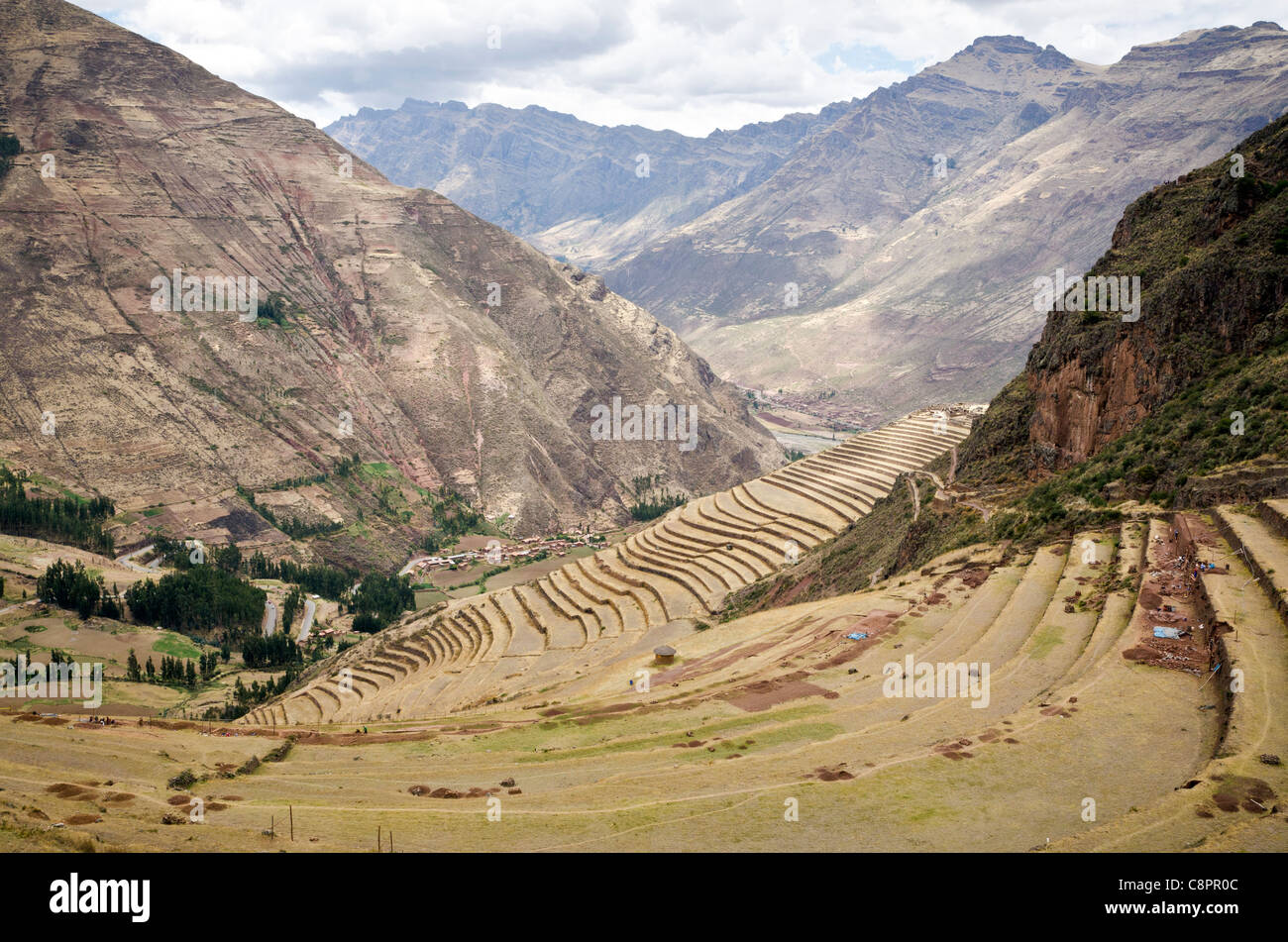 Terrassen-Inka Ruinen Pisac Heilige Tal Peru Stockfoto