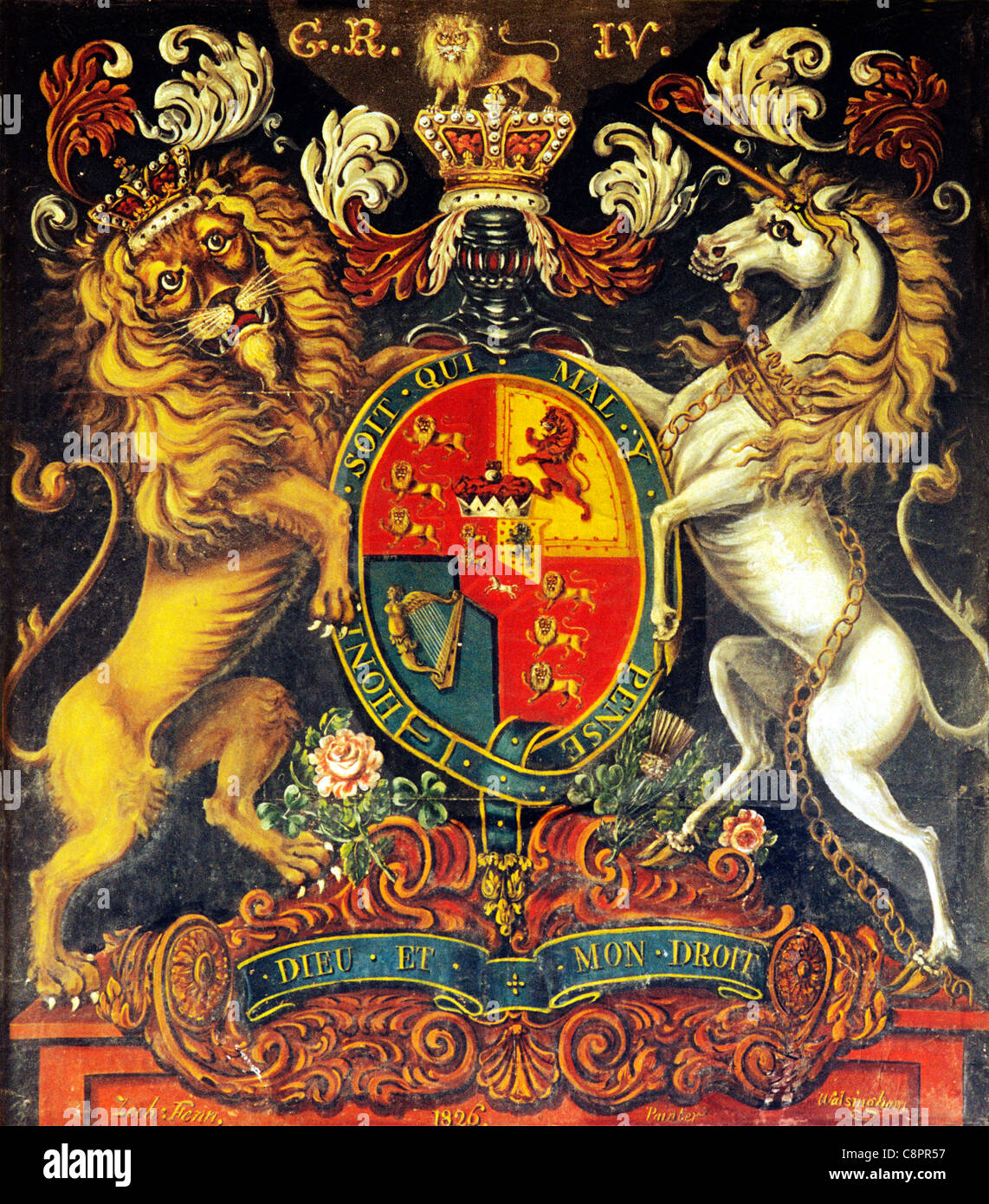 Royal Arms, Burnham Norton, Norfolk, George 4. G.R .IV, malte 1826 von Zech Fenn von Burnham Market Wappen Löwe Einhorn Stockfoto