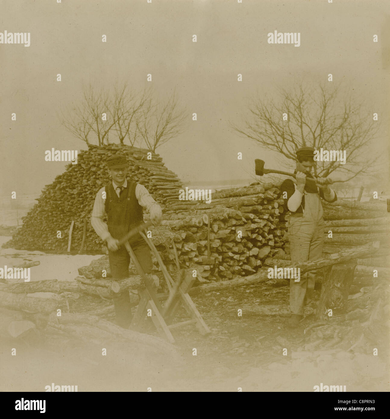 Ca. 1890-Foto der beiden Männer hacken und Schneiden von Brennholz. Stockfoto