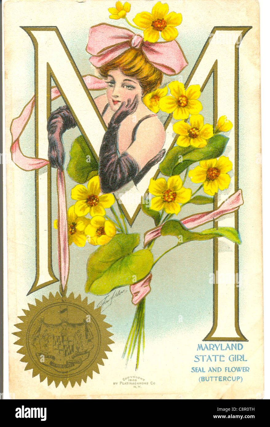 Postkarte von Maryland State Mädchen mit Staatssiegel und Blume Stockfoto