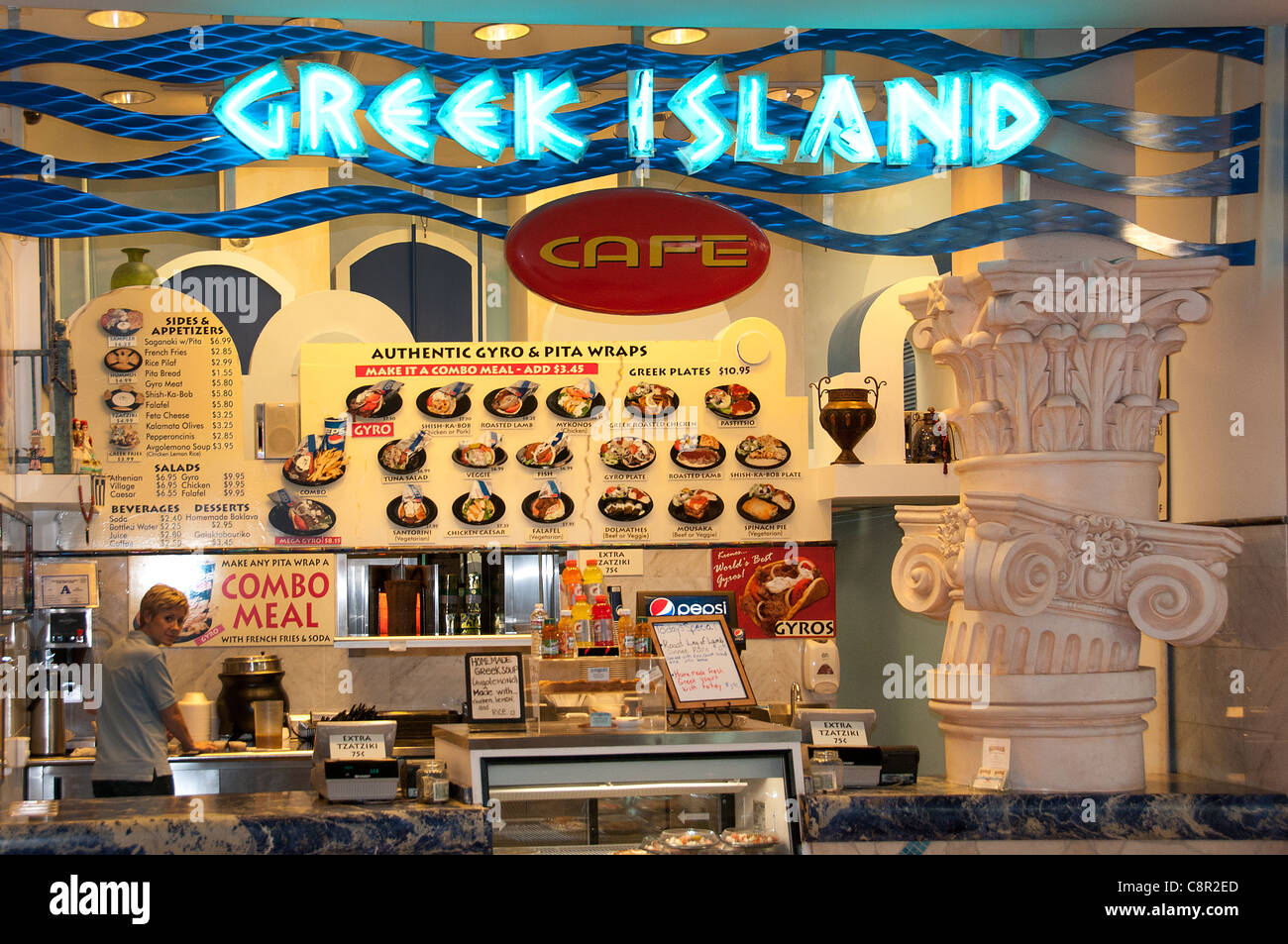 Griechische Insel-Fast-Food-Vereinigte Staaten von Amerika-Shopping-Mall Stockfoto