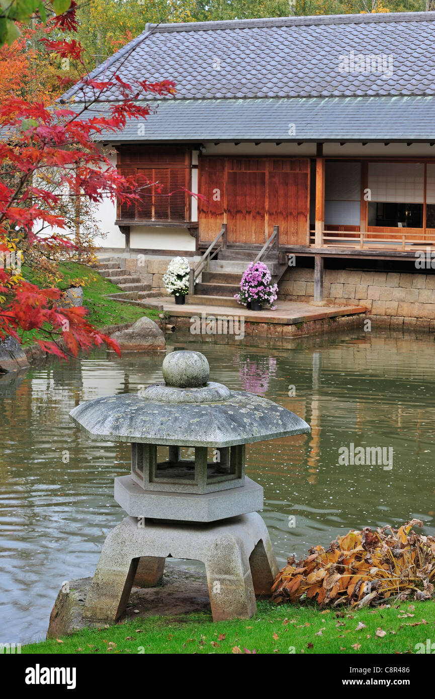 Stein, Laterne und Pavillon / Teehaus im japanischen Garten mit Baum Laub im Herbst rote Farben in der Stadt Hasselt, Belgien Stockfoto