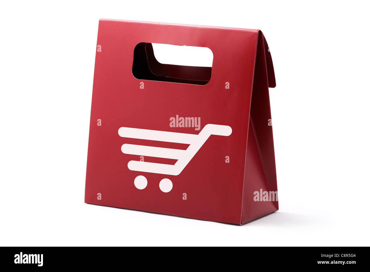 Rote Eleganz Karton Tasche mit Korb-Symbol isoliert auf einem weißen Hintergrund. Stockfoto