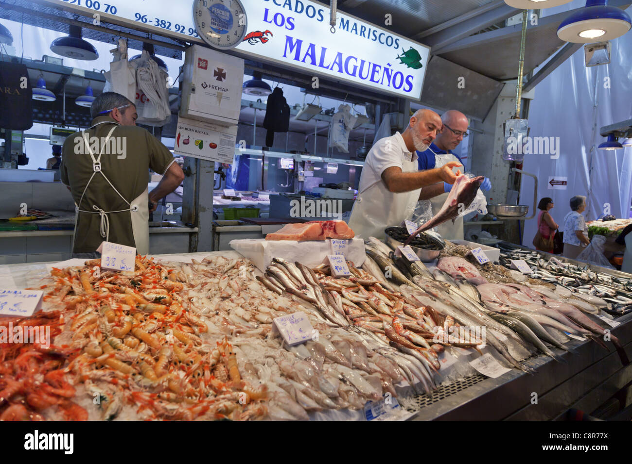 Frischer Fisch in zentralen Markthalle Mercado Central, Valencia, Spanien Stockfoto