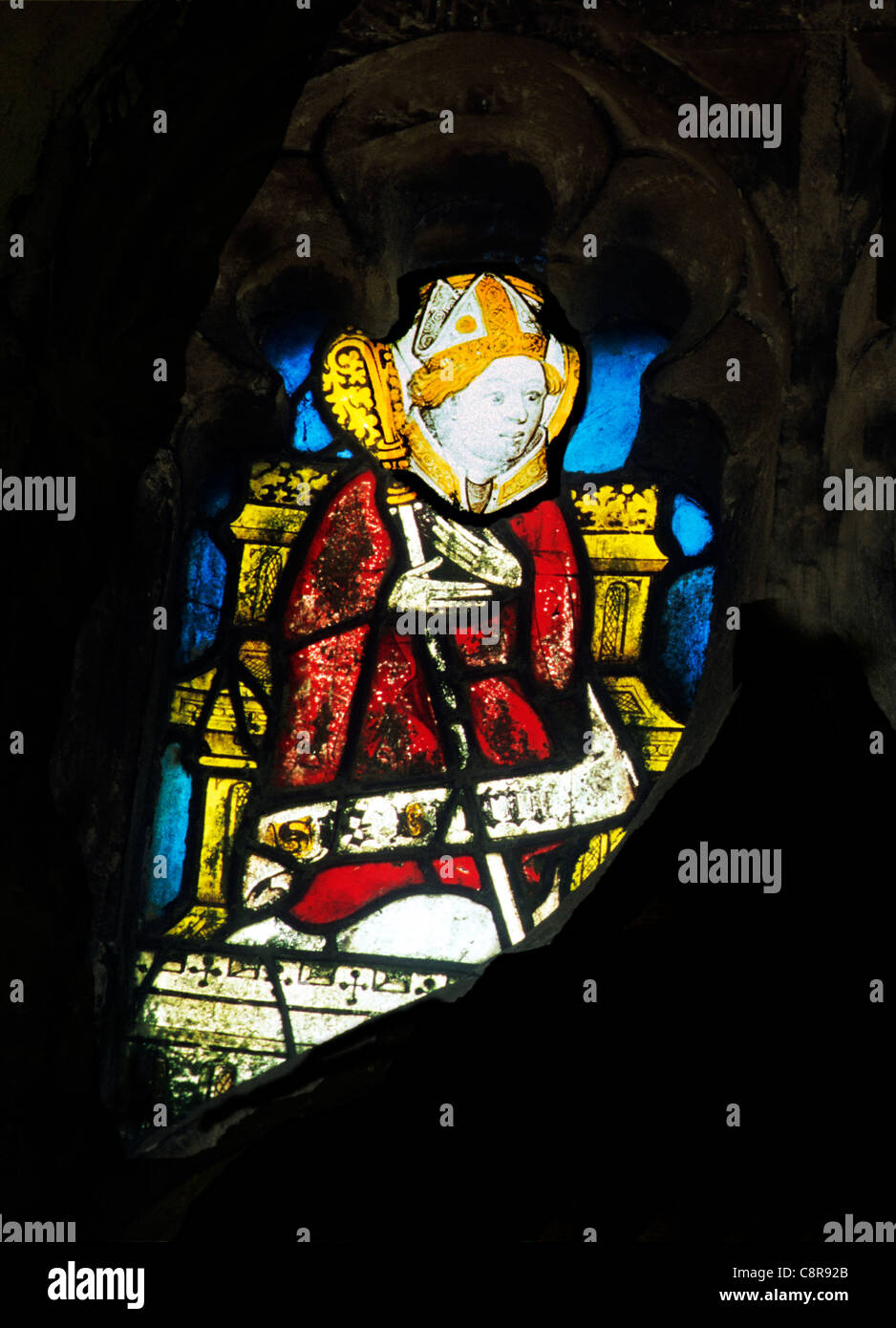 Wiggenhall St. Mary Magdalene, Norfolk, St. Britius, Bischof von Tours, d. 444 AD englischen mittelalterlichen Fenster Glasfenster Stockfoto