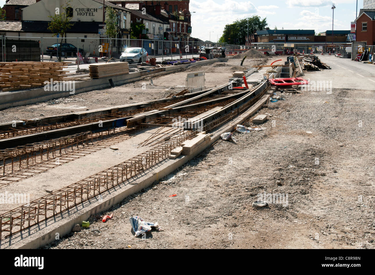 Der Ostlinie Manchester Metrolink-Straßenbahn im Bau. Droylsden, Tameside, Manchester, England, Vereinigtes Königreich Stockfoto