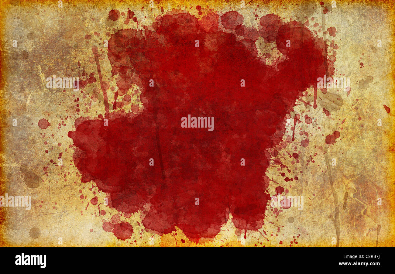 Abbildung des Fleckes Blut spritzte auf alte, vergilbte, im Alter von Grunge Pergament. Stockfoto