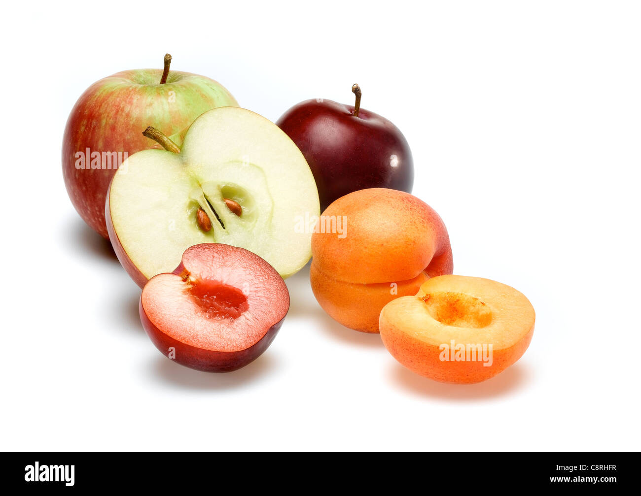 Apfel Aprikose Pflaume Stockfoto
