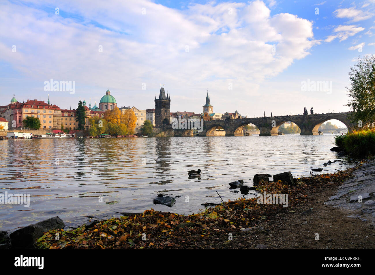 Prag, Tschechische Republik. Vltava Fluss Karlsbrücke / Karluv von Kampa-Insel im Oktober am meisten gesehen Stockfoto