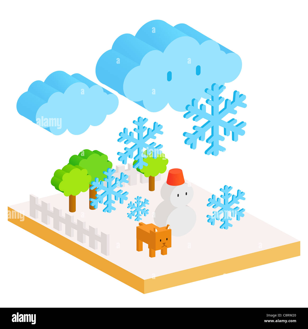 Schneemann und Winterlandschaft Stockfoto