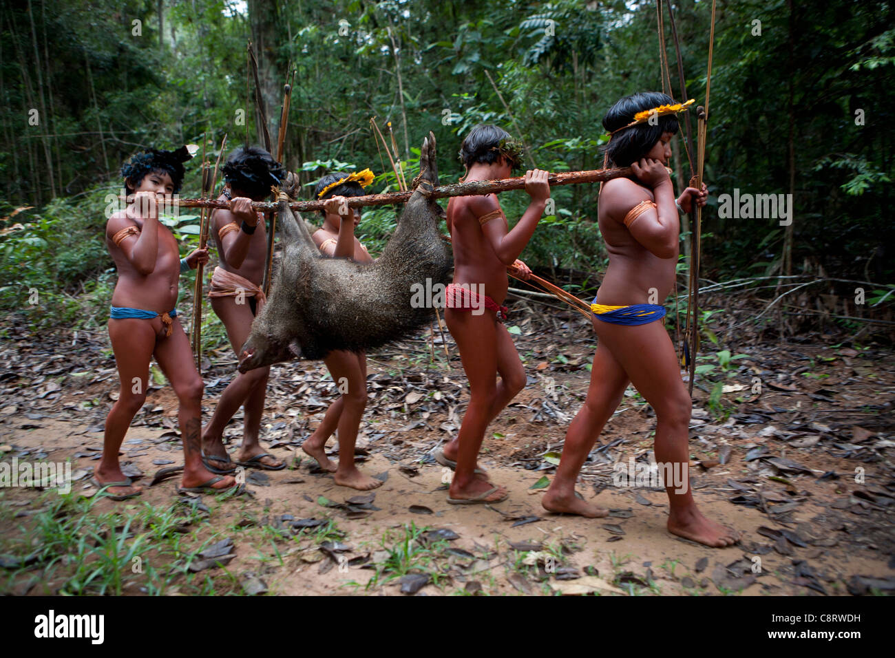 Xingu-Indianer jagen in der Amazone, Brasilien Stockfoto