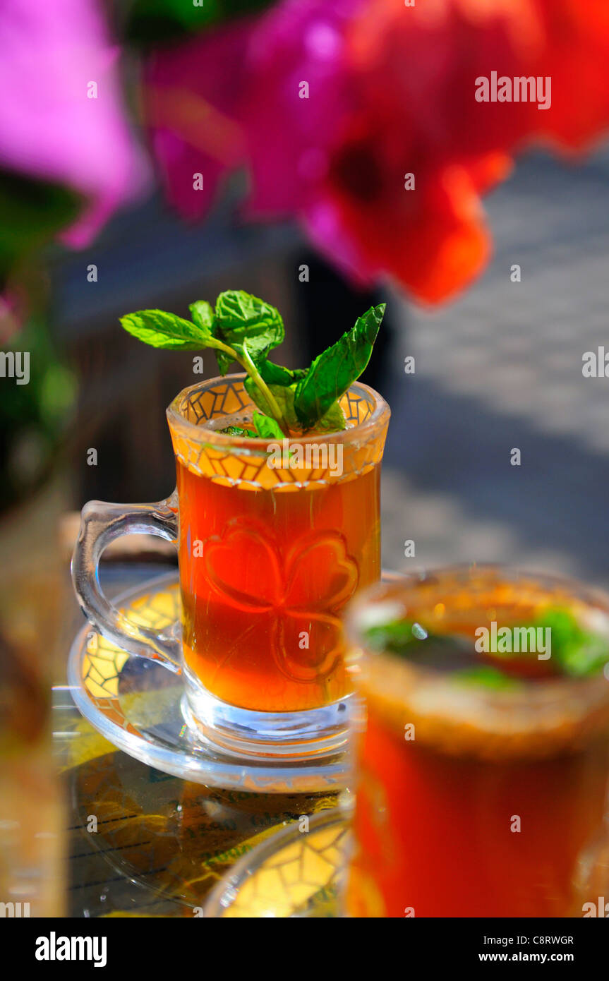 Afrika, Tunesien, Tozeur. Tee aus frischer Minze Blätter. Stockfoto
