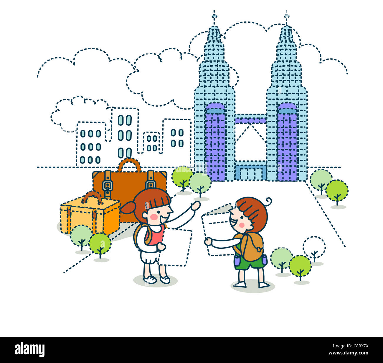 Illustration der Mädchen gegen Petronas tower Stockfoto