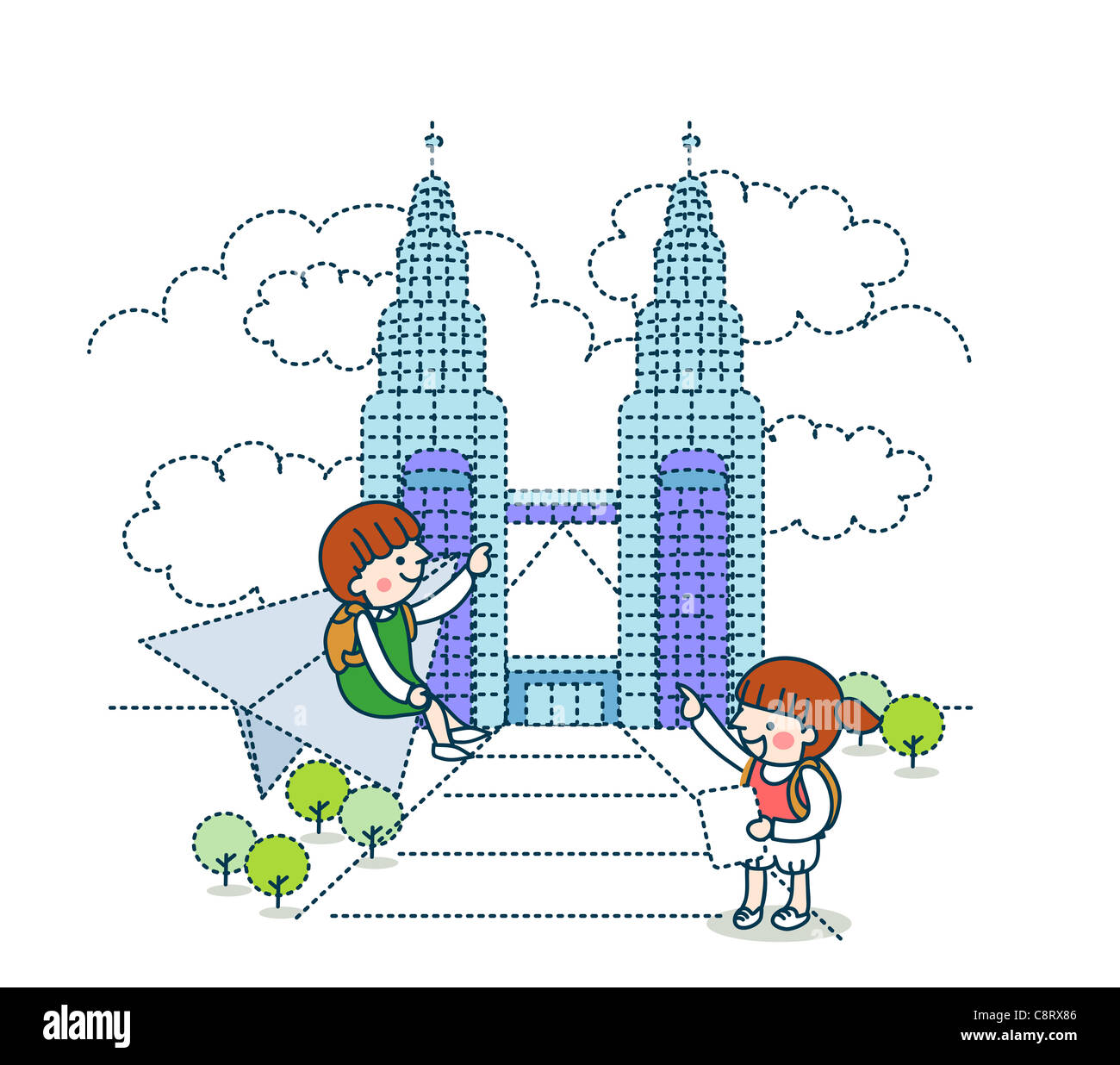 Abbildung des Mädchens auf Papierflieger mit ihrer Freundin zeigen gegen die Petronas tower Stockfoto