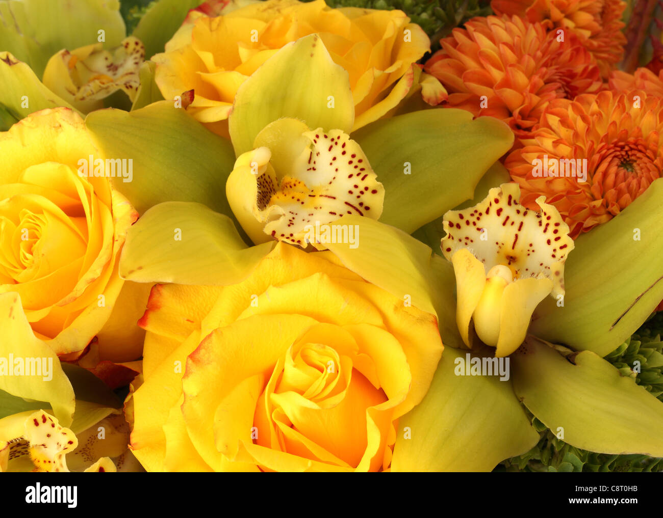 Eine Nahaufnahme von einem bunten Blumenstrauß. Gelbe Rosen, orange Dahlien, gelbe Cymbidium Orchideen, orange Freesien, Hortensie Stockfoto