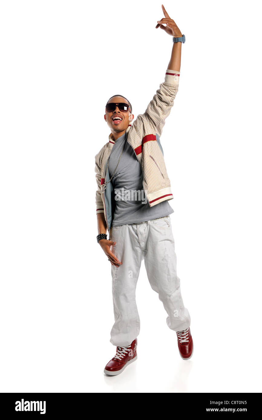 Porträt des afroamerikanischen Hip-Hop-Tänzer isoliert auf weißem Hintergrund Stockfoto