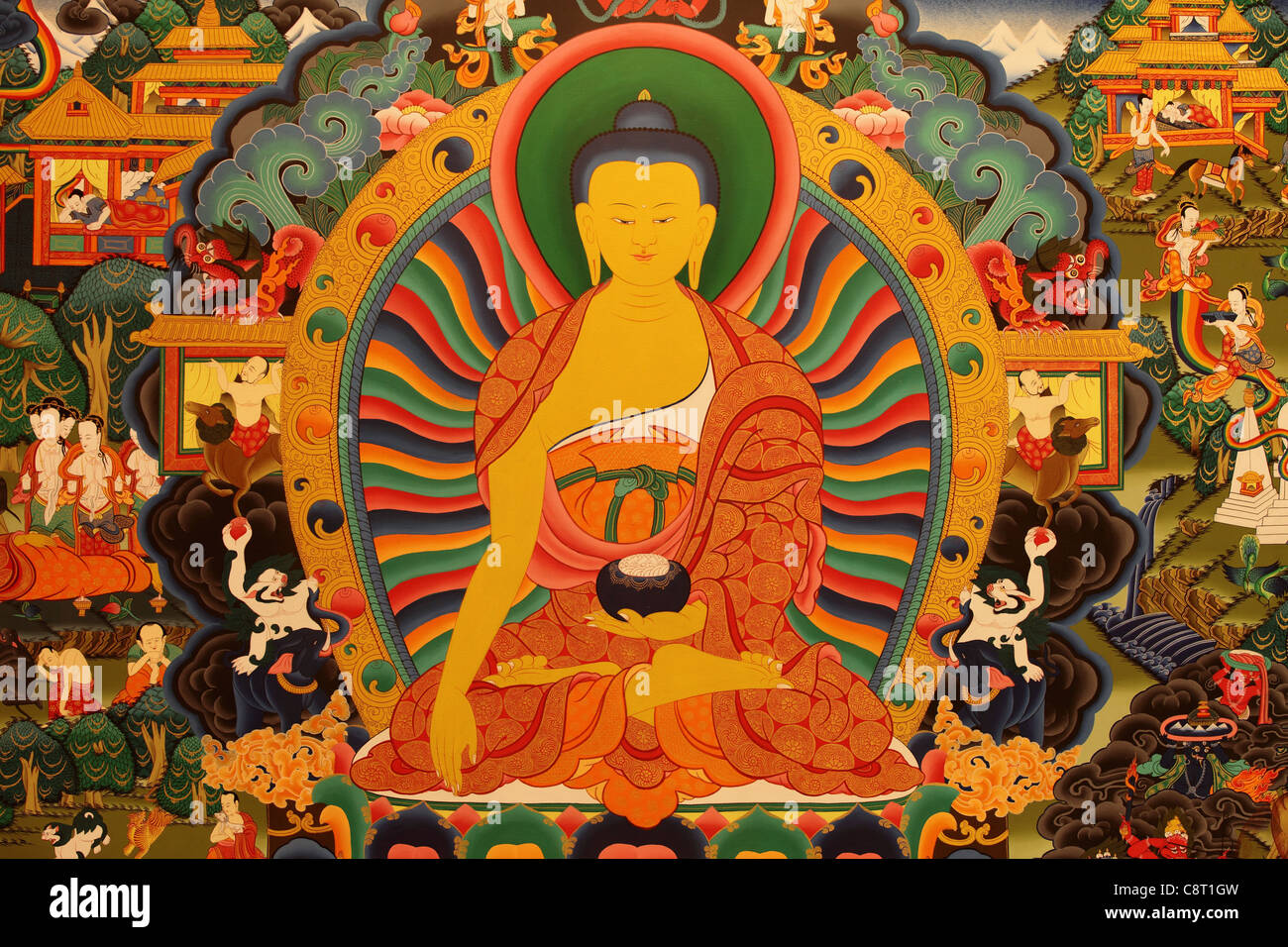 Buddhas Leben Thangka aus Nepal Stockfoto