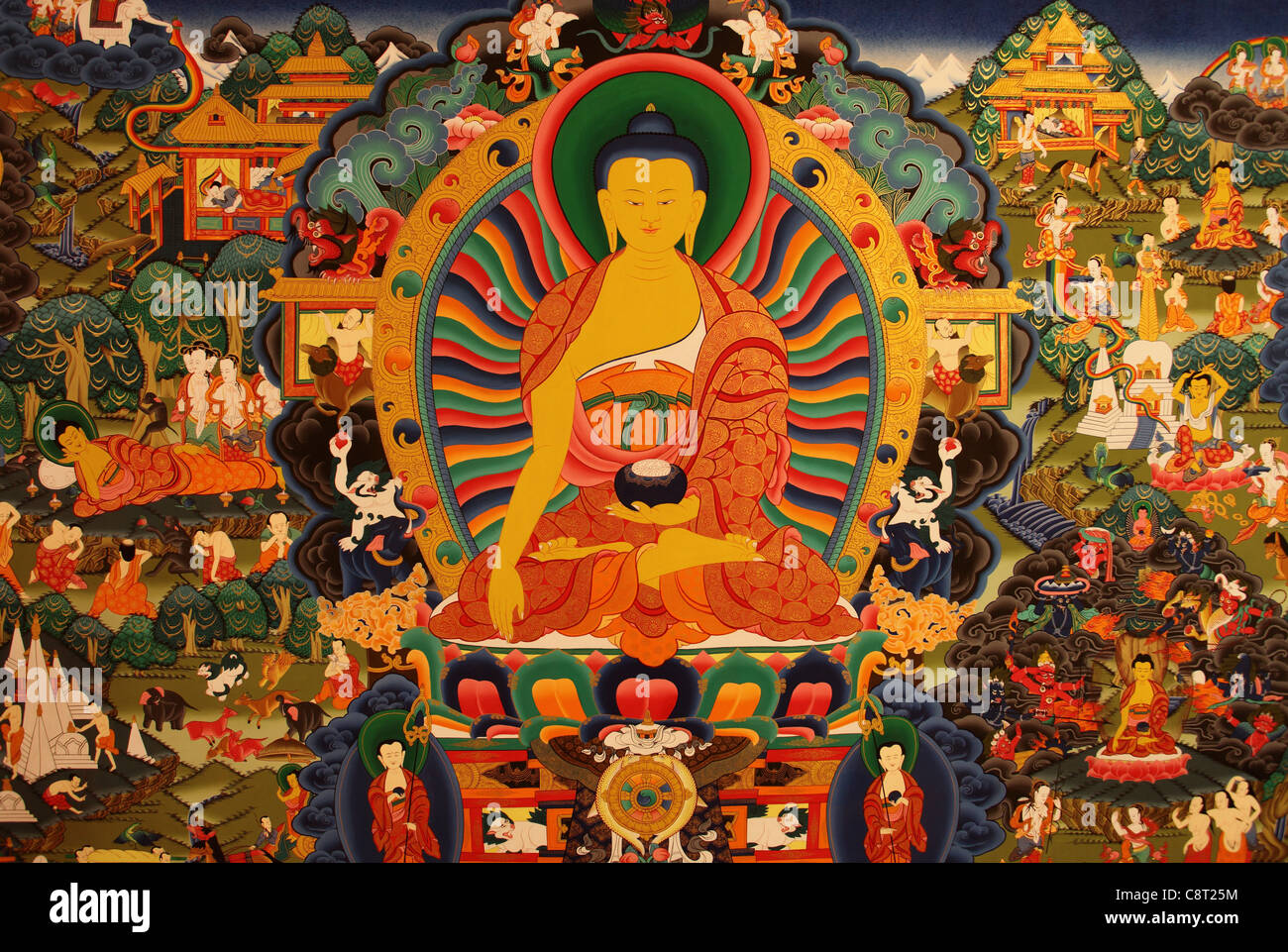 Buddhas Leben Thangka aus Nepal Stockfoto