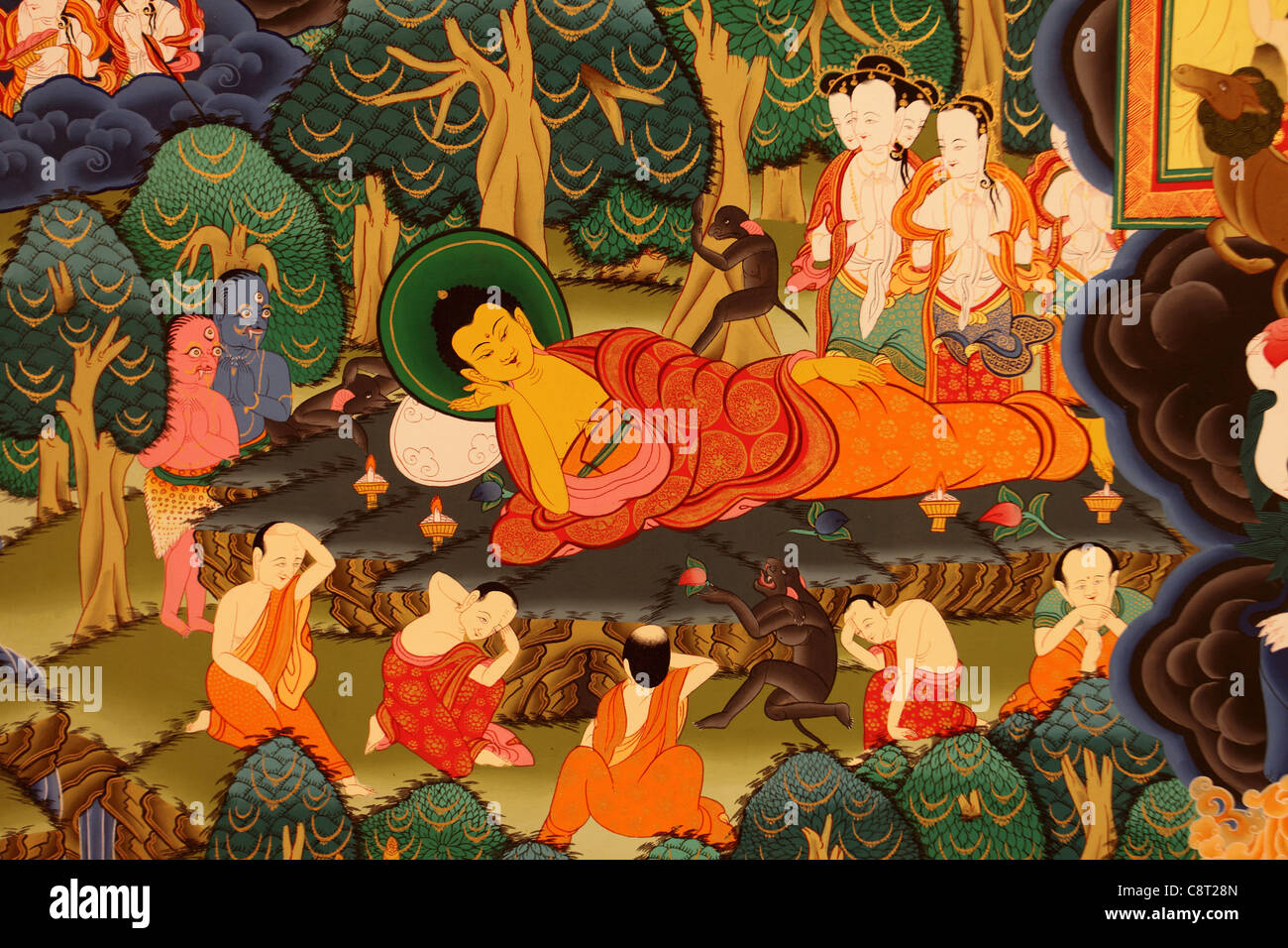 Buddhas Leben Thangka aus Nepal der Tod des Buddha Stockfotografie