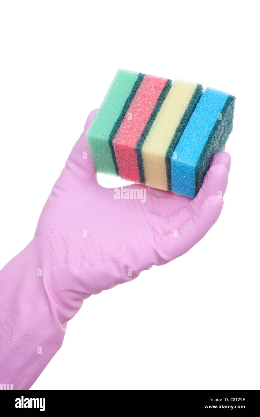 Reinigungsprodukte und Handschuh auf weißem Hintergrund Stockfoto