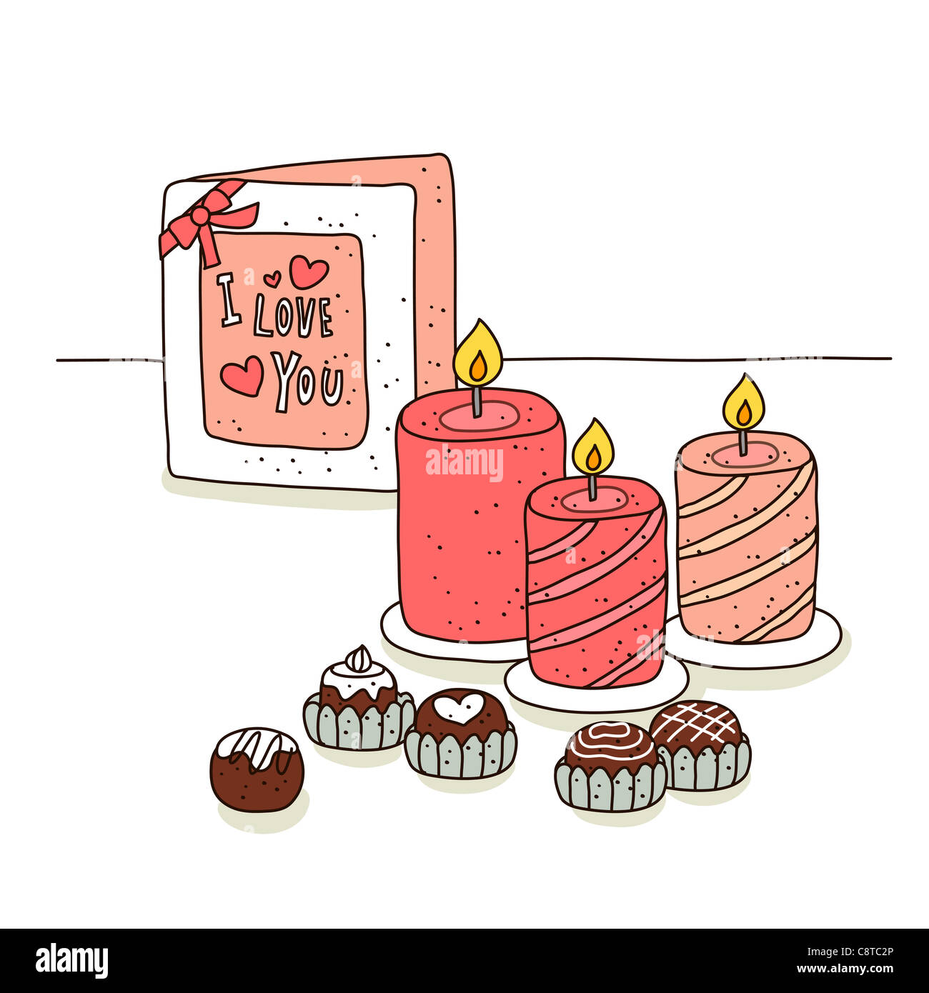 Illustration der Valentine Karte mit Cupcake und Kerze Stockfoto