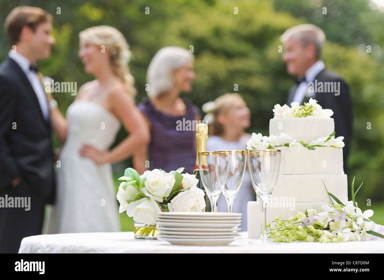 USA, New York State, Old Westbury, Hochzeitstafel mit Champagner und Kuchen, Menschen im Hintergrund Stockfoto