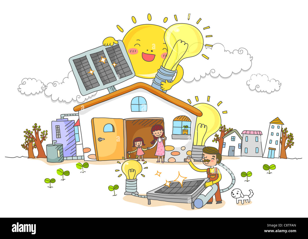 Familie und Solar-Panel auf Haus Stockfoto