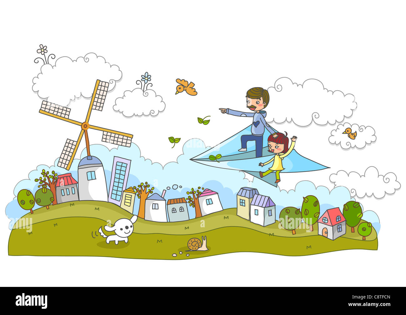 Vater und Tochter auf Papierflugzeug in Richtung Windmühle Stockfoto