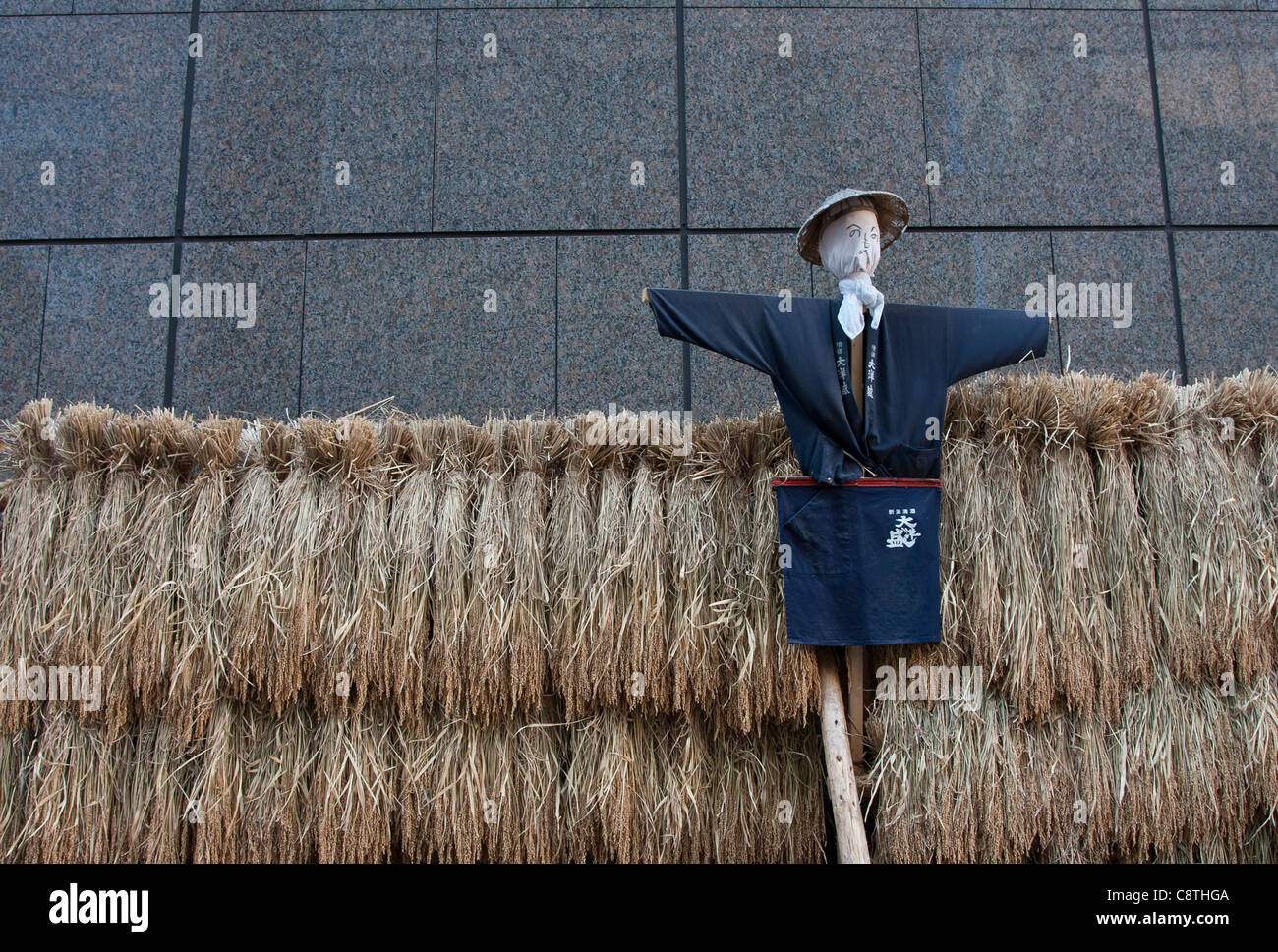 Vogelscheuche und Reis neben einem Wolkenkratzer in Yurakucho, Tokio, Japan. Stockfoto