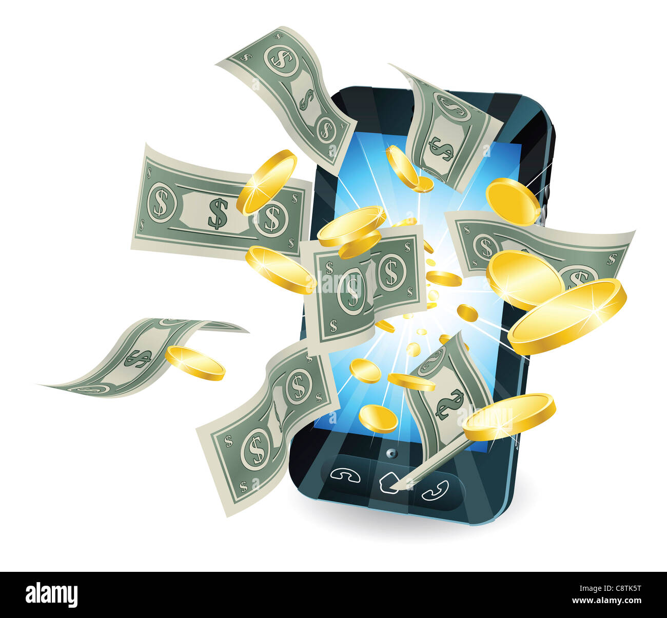 Geld neue Stil Smartphone Mobile herausfliegen. Stockfoto