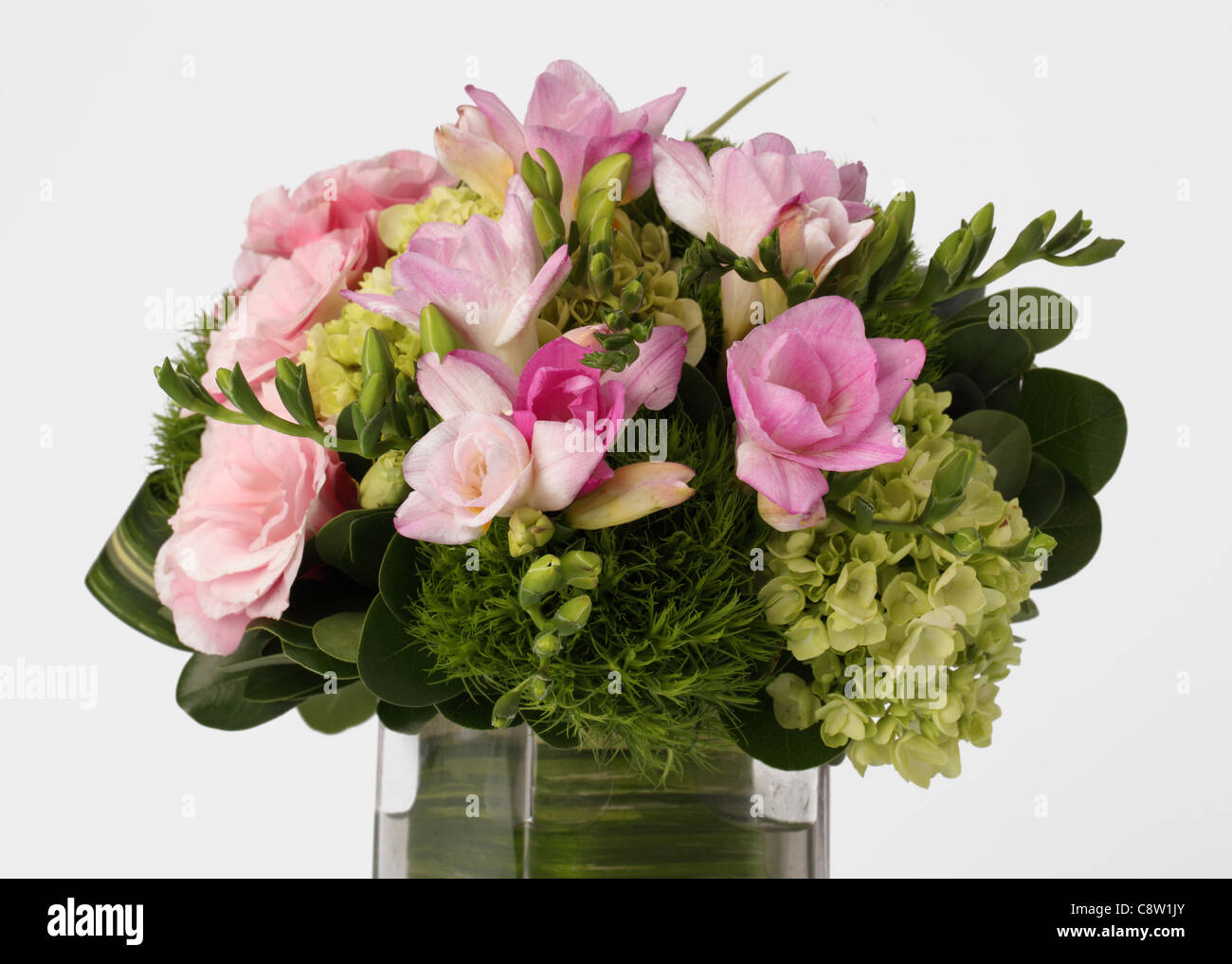 Eine Nahaufnahme von einem bunten Blumenstrauß in einer Vase. Rosa Freesien, grüne Hortensien Stockfoto