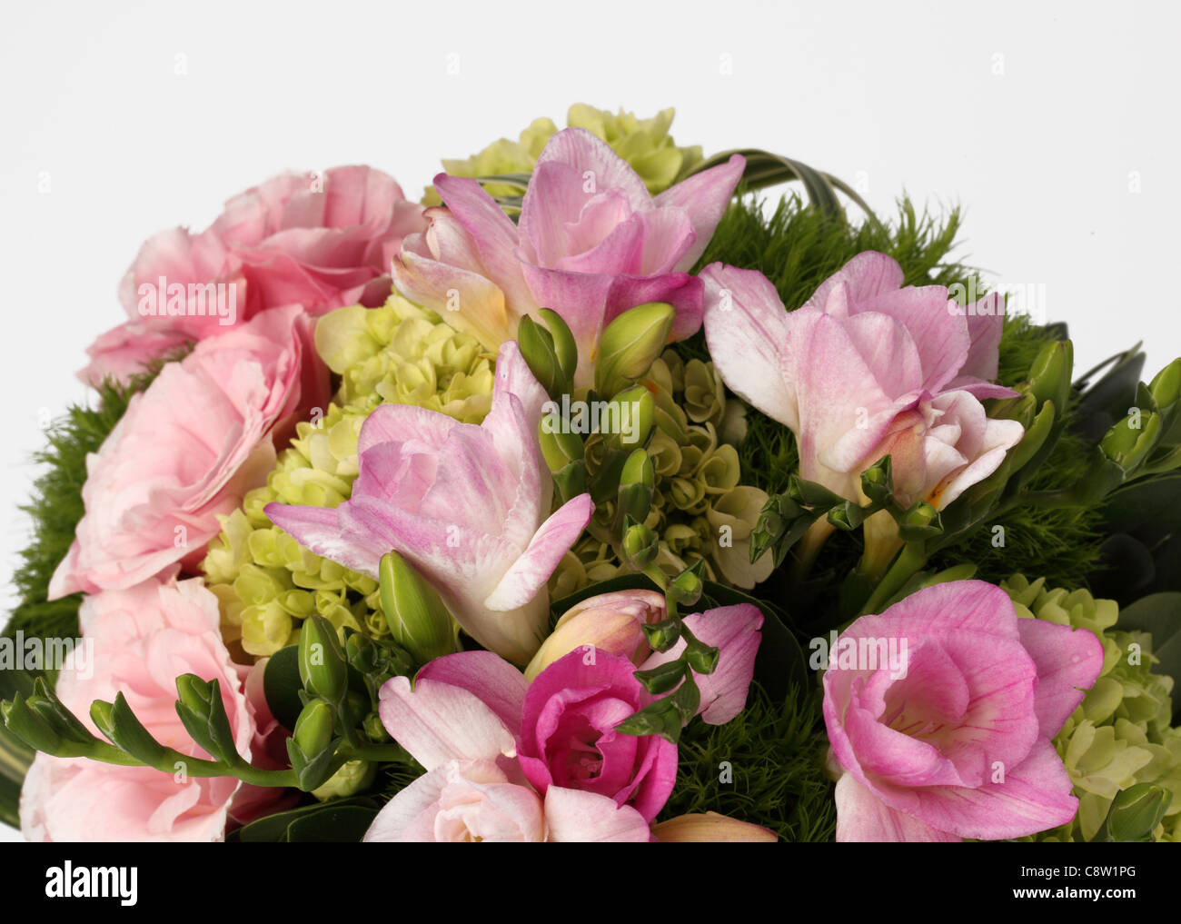 Eine Nahaufnahme von einem bunten Blumenstrauß. Rosa Freesien, grüne Hortensien Stockfoto