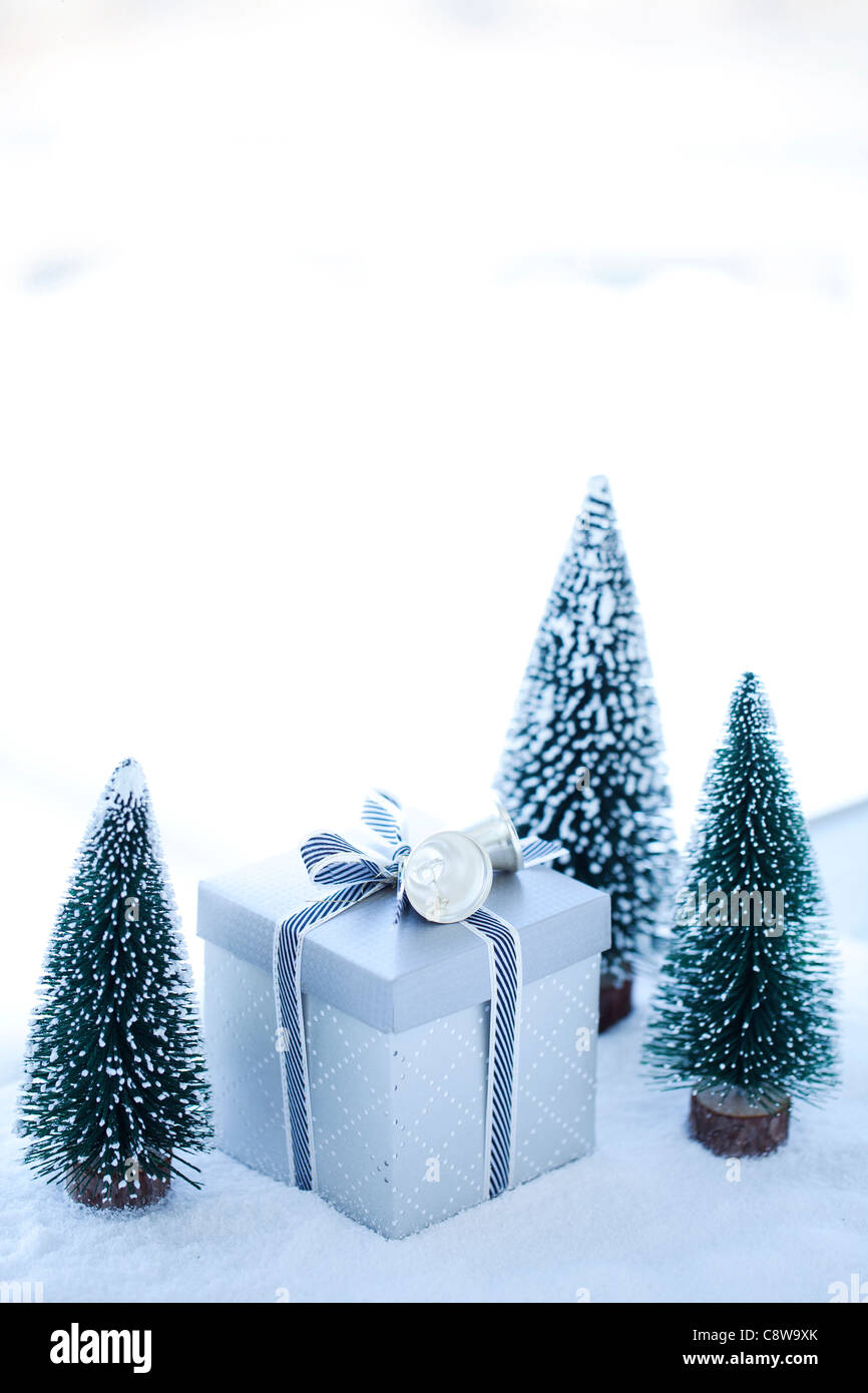 Weihnachtsbaum und Geschenk-Box auf Fell Stockfoto