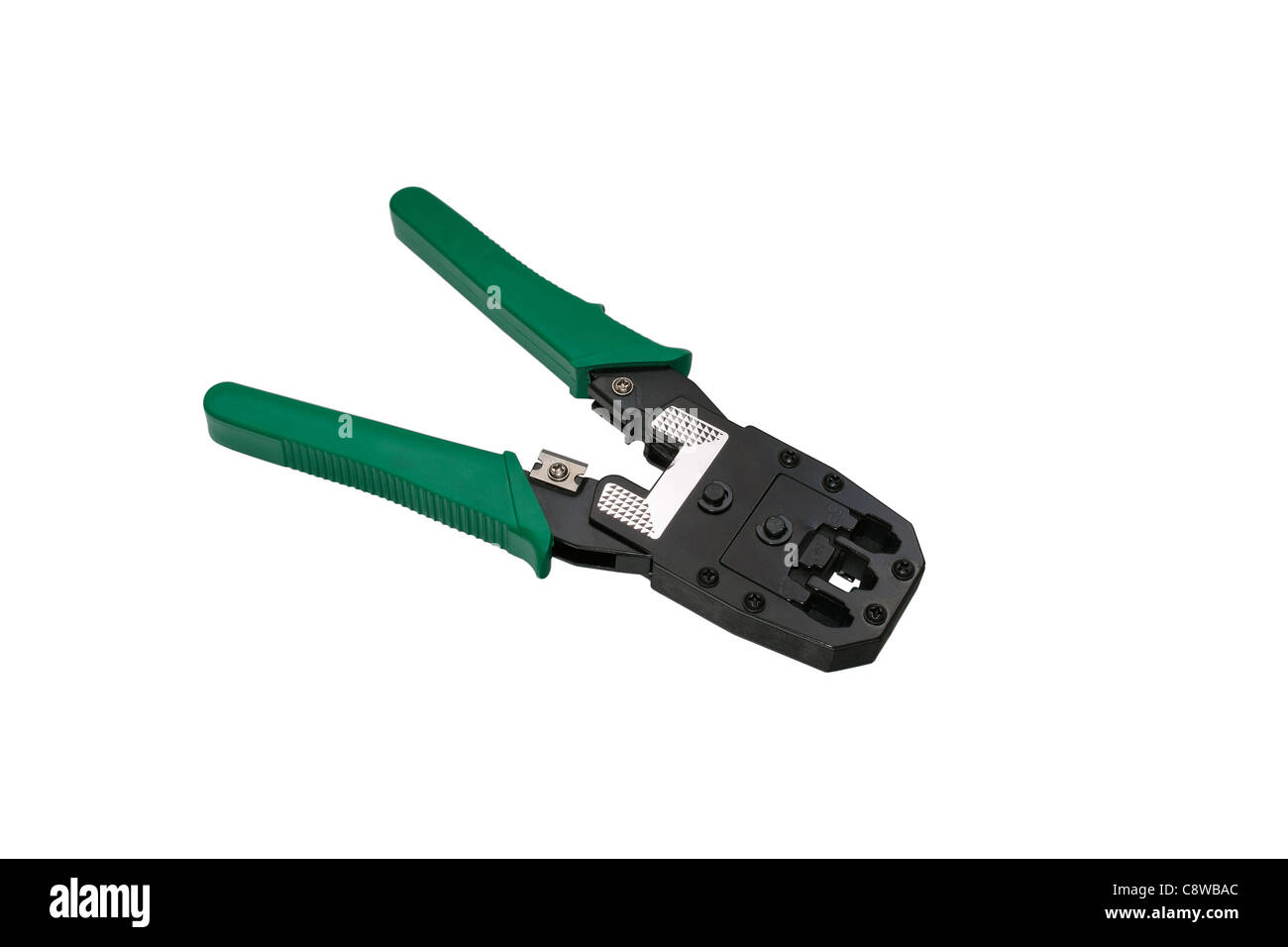 Crimper isoliert auf weißem Hintergrund Konnektoren zu Computer-Netzwerk-Kabel Stockfoto