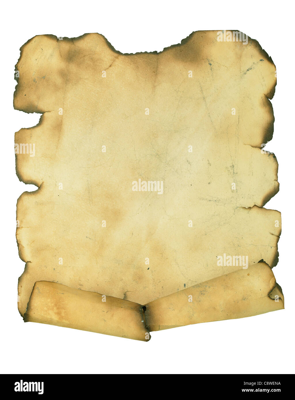Verbrannte Manuskript über einen weißen Hintergrund isoliert Stockfoto