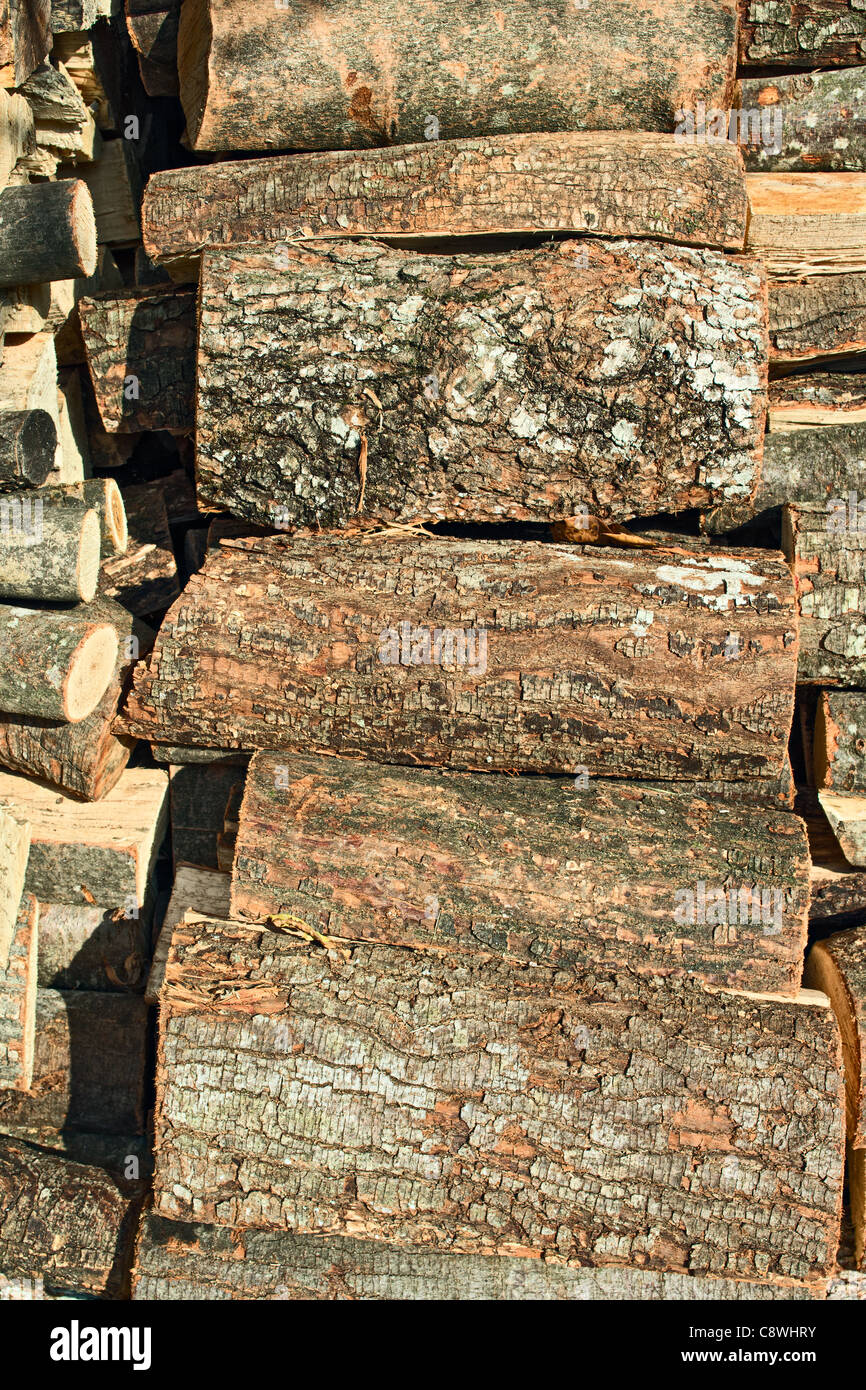 Haufen von Scheitholz Protokolle, zeigt die Struktur der Rinde Stockfoto