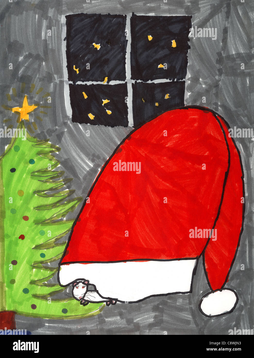 Maus in Nikolausmütze und Weihnachtsbaum. Echte junge Kunst von einem echten 9-Year-Old Kind. Stockfoto Maus in Nikolausmütze und Weihnachtsbaum. Echte junge Kunst von einem echten 9-Year-Old Kind. Stockfoto