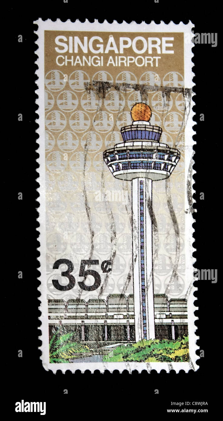 Eine Briefmarke von Singapore Changi Airport in schwarzem Hintergrund Stockfoto