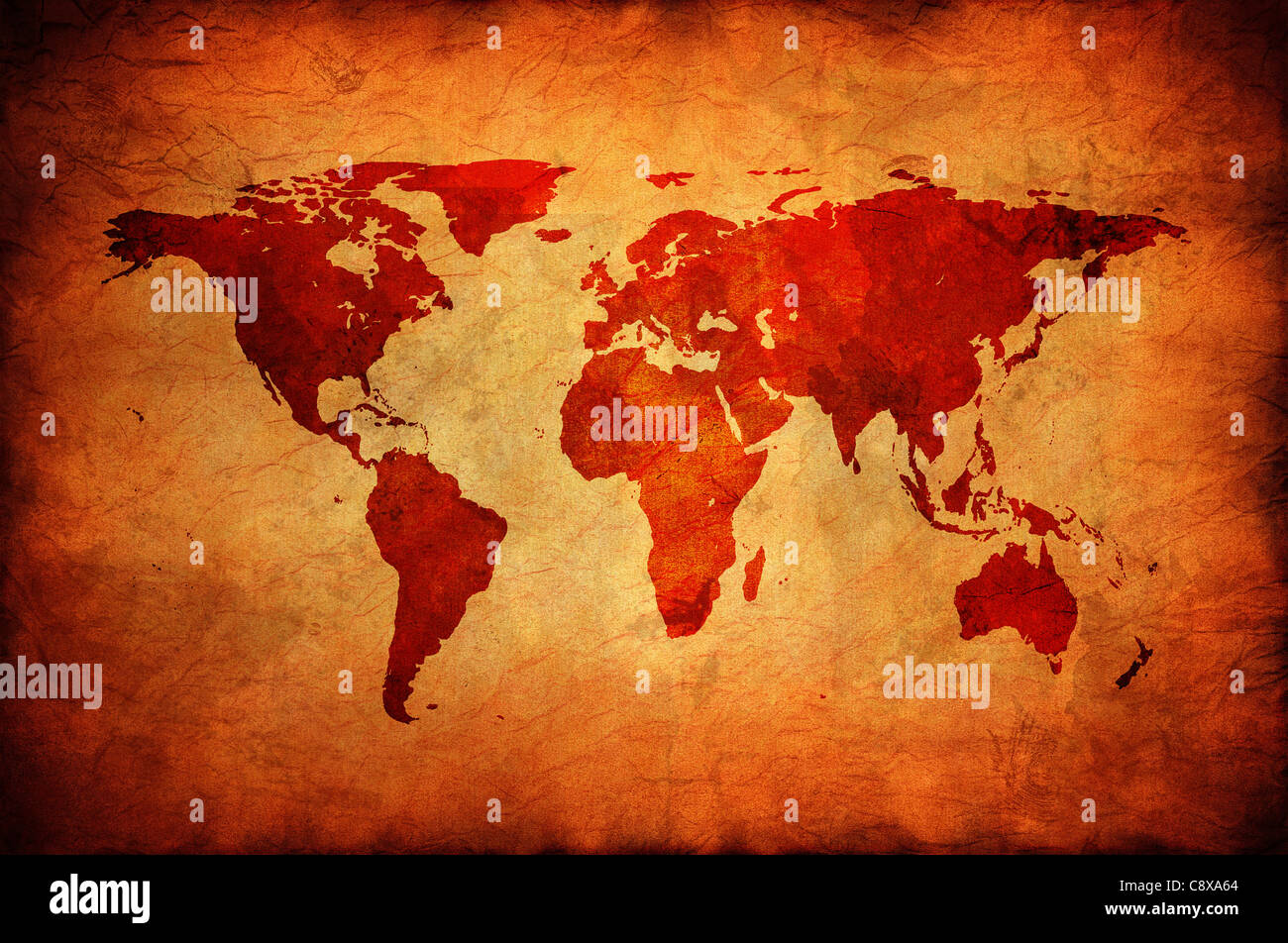 Weltkarte auf einer alten Leinwand. Stockfoto