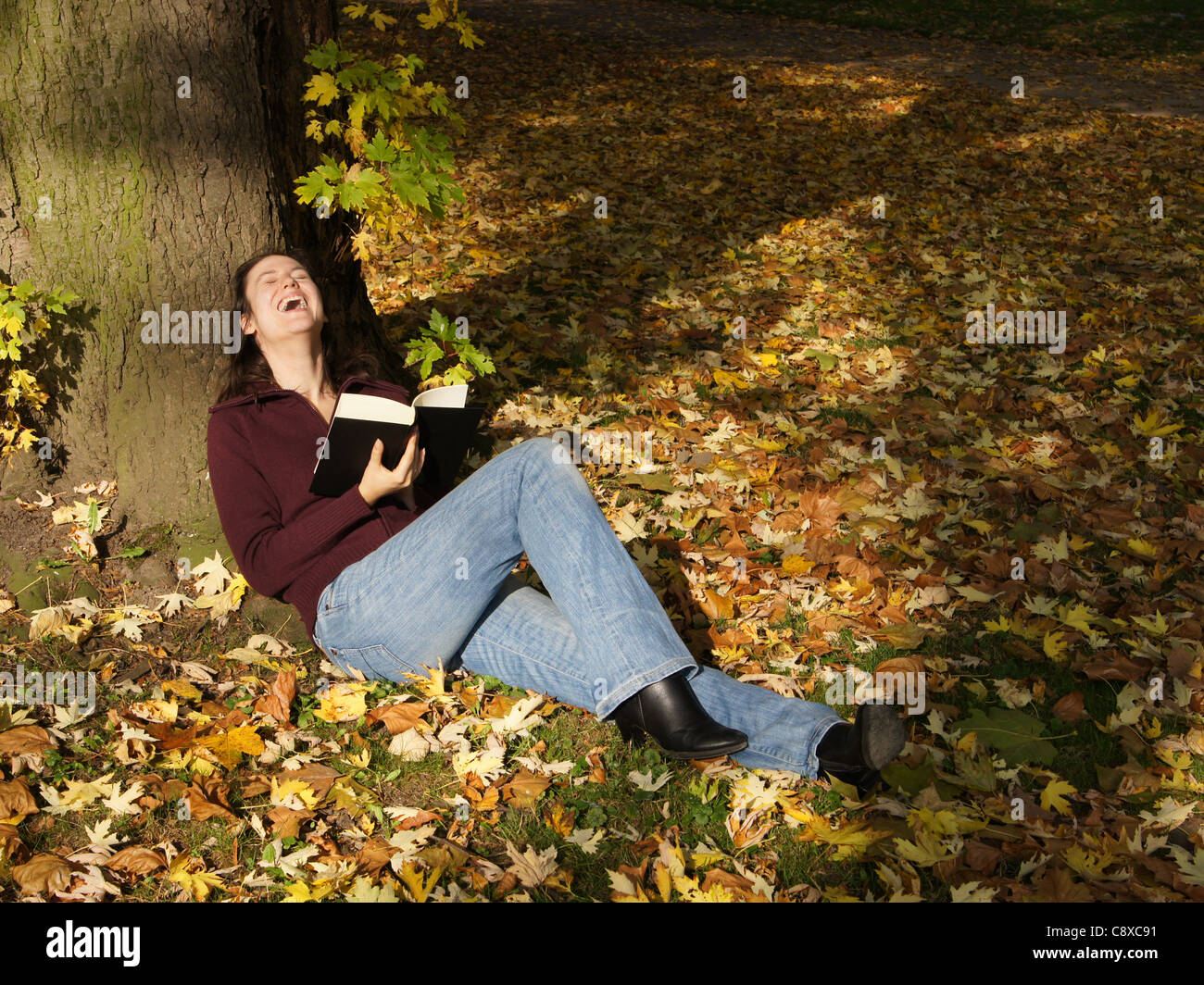 Laughing out loud,: Benath ein Baum inmitten gefallenen Herbst sitzt eine Frau verlässt ein lustiges Buch zu genießen Stockfoto