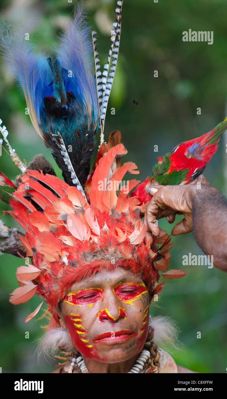 Jika Stammes Tänzer mit ihren Kopfschmuck vorbereitet Paiya Sing-Sing Western Highlands-Papua-Neuguinea Stockfoto