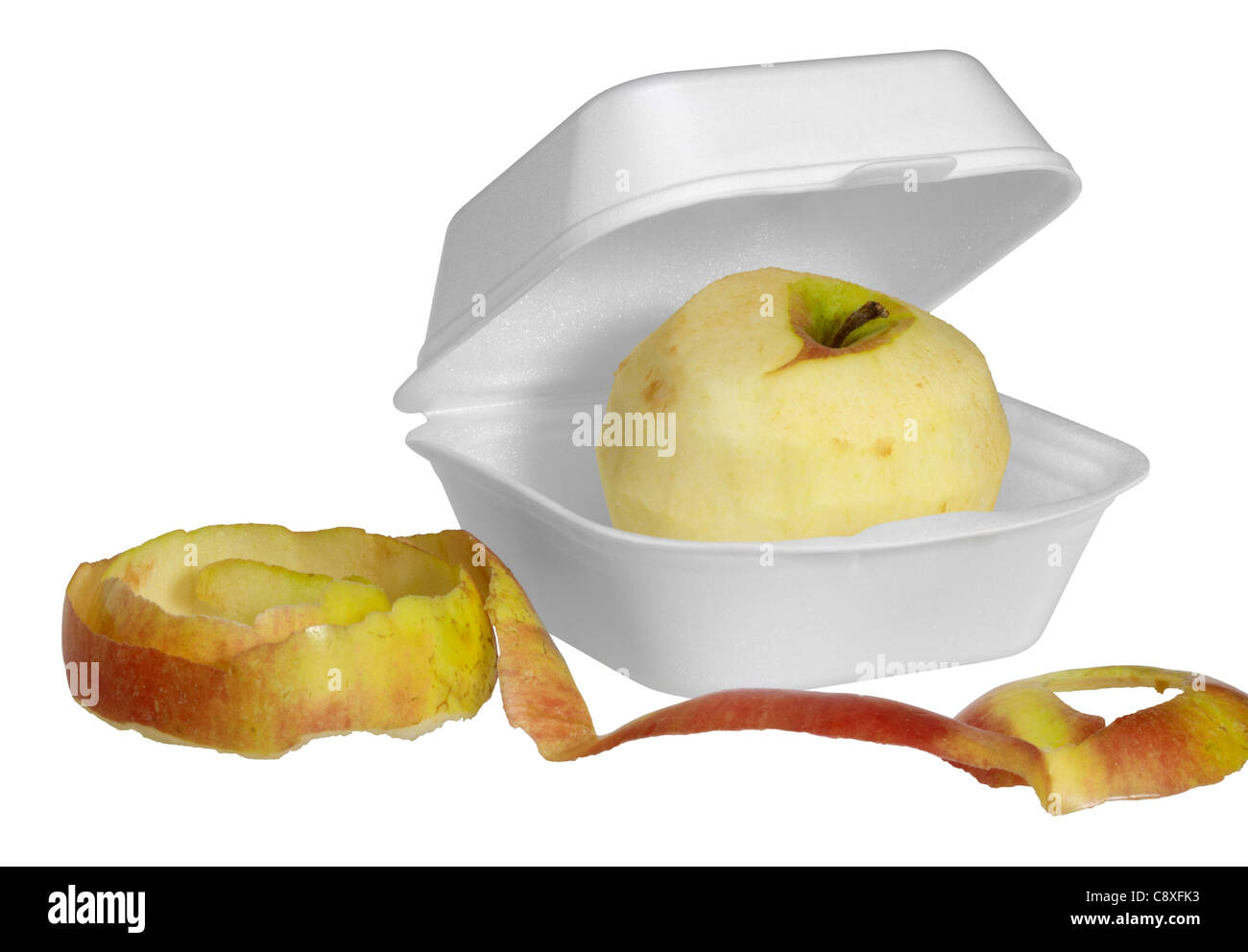 Apple in einer weißen Fastfood-Box isoliert auf weiss Stockfoto