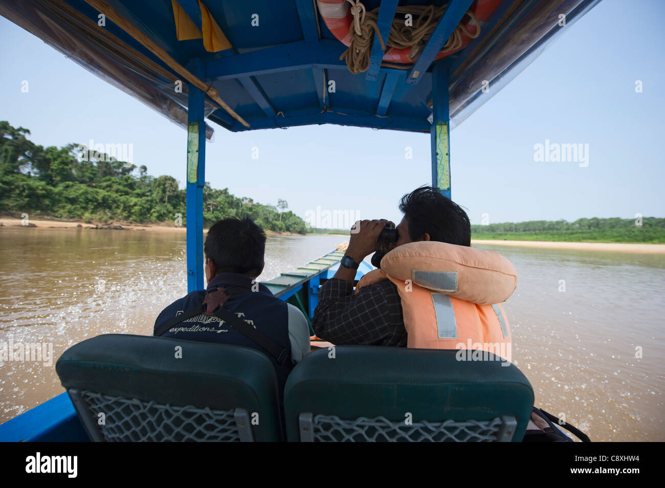 Vogelbeobachtungen aus einem motorisierten Kanu entlang des Tambopata-Flusses im peruanischen Amazonasgebiet Stockfoto