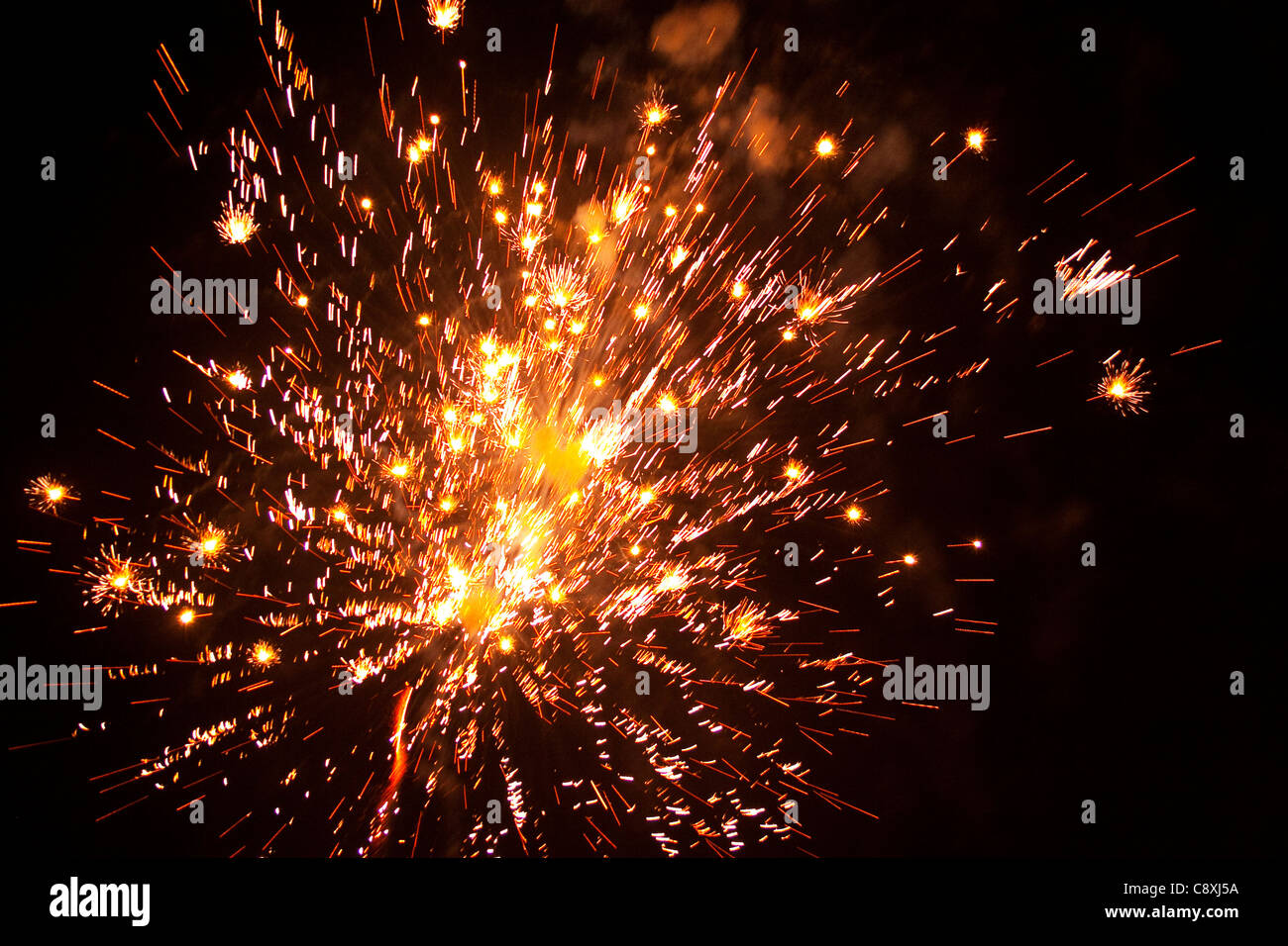 Feuerwerk explodiert in der Nacht. Stockfoto
