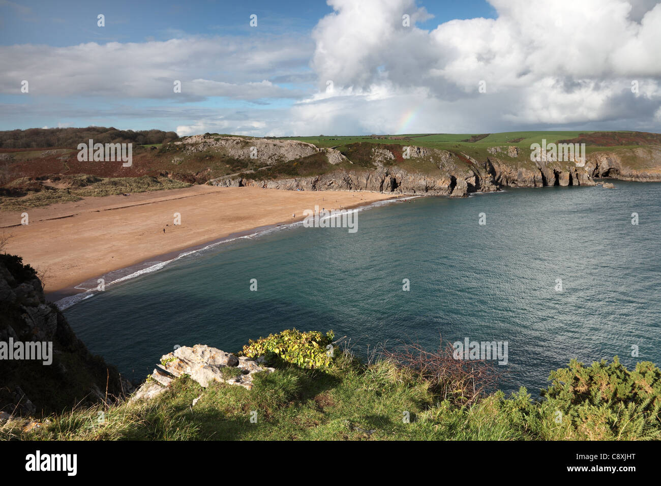 Am Strand von Barafundle Bay aus dem Pembrokeshire Coastal Path Pembrokeshire Nationalpark Wales Cymru UK GB Stockfoto