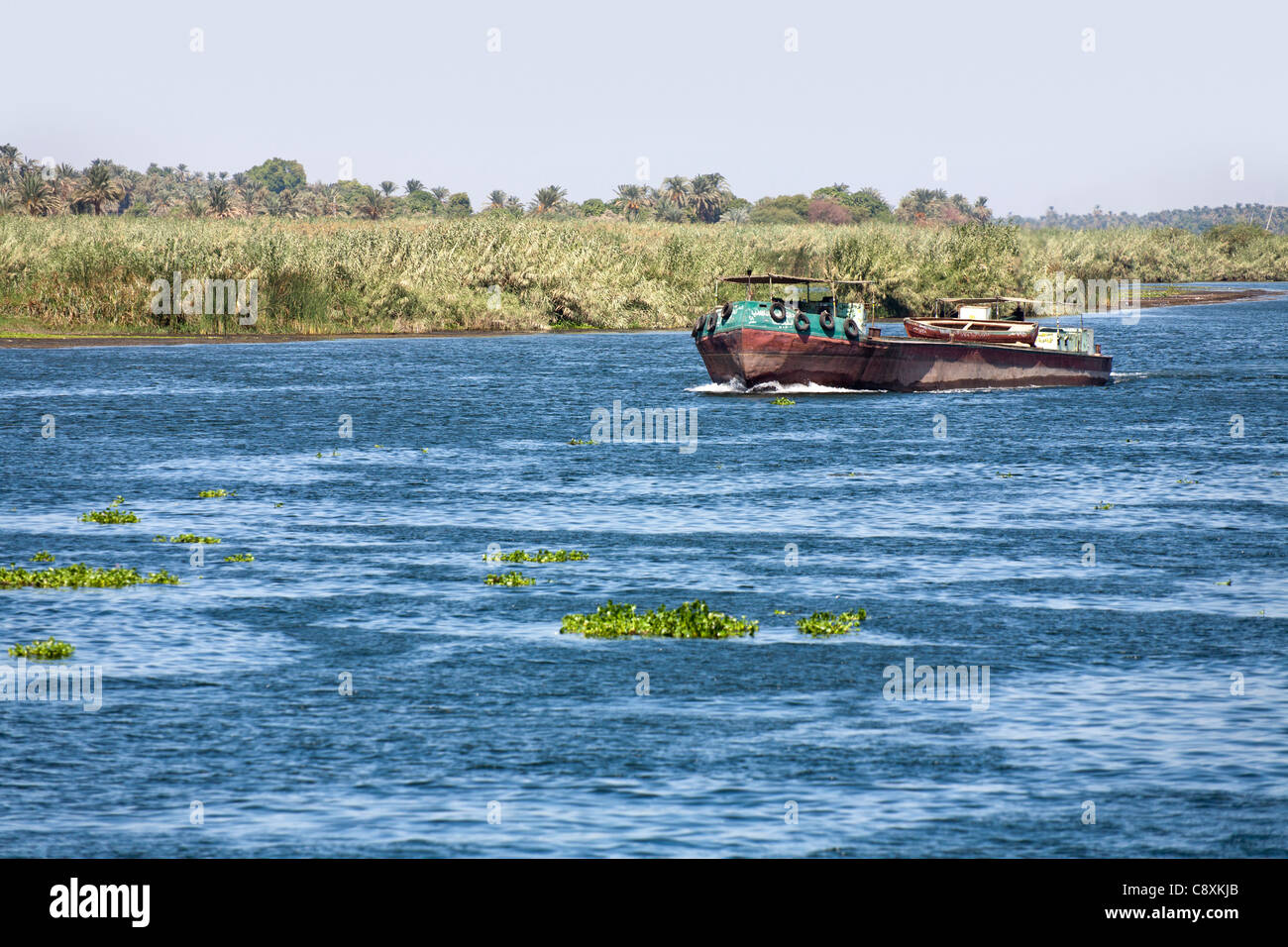 Ein Teil der Nil mit Schlepper Boot Segeln in Richtung Kamera mit Palmen und Bäumen am Ufer des Flusses hinter Ägypten Stockfoto